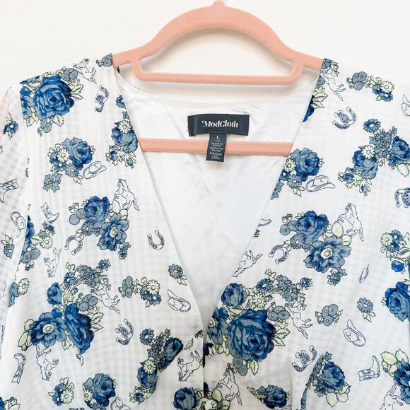 Modcloth Rodeo Rose‎ Button-Up Western Floral Print Top White Blue Size Large - Picture 2 of 6
